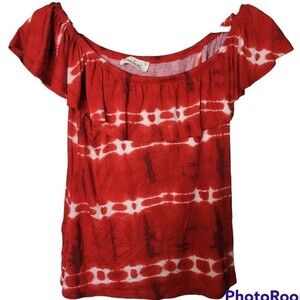 Cloud Chaser Coastal Boho Hippie Tie Dye Batik Red White Off Cold Shoulder Top S